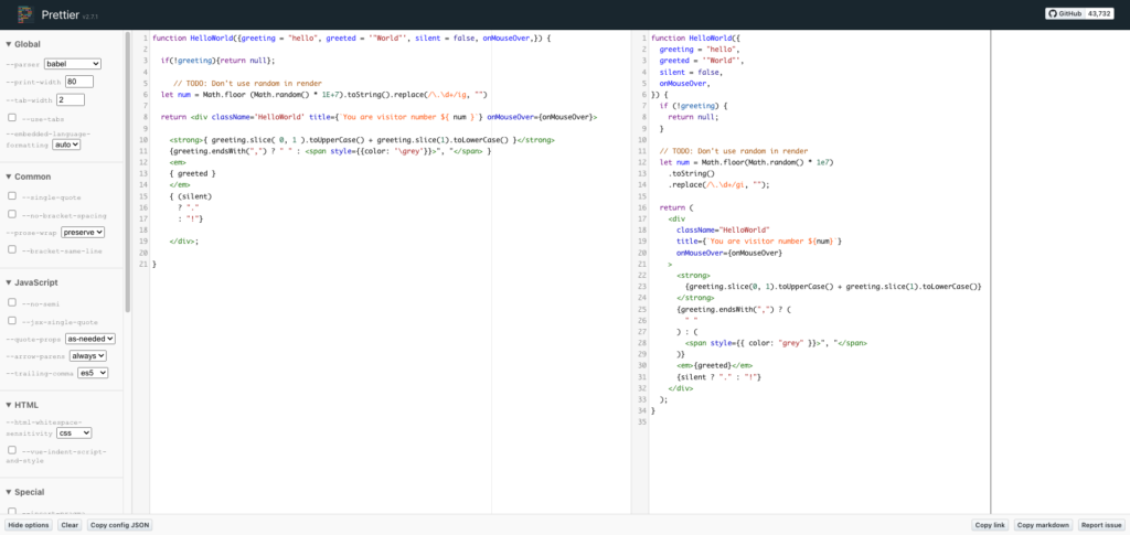 Prettier.io test playground screenshot