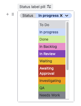 Opening the Advanced Status Label dropdown on a published Confluence page