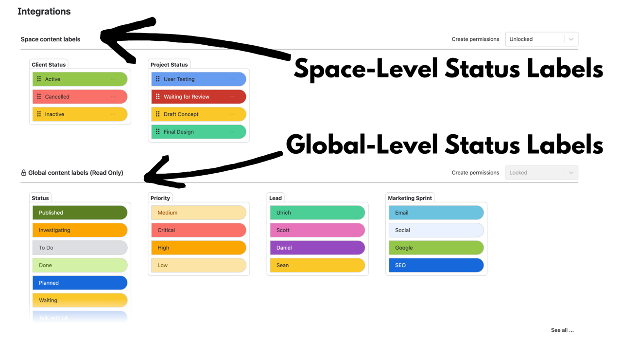Global and space pills used to manage status labels in Confluence