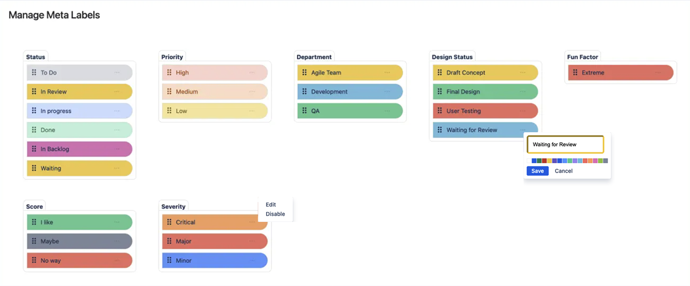 Confluence page using Advanced Content Status & Labels to show status, priority, scope and owner